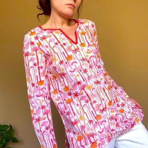 NWT J.Jill Orange Palms Print on White Cotton Long Sleeve Tropical Tunic
